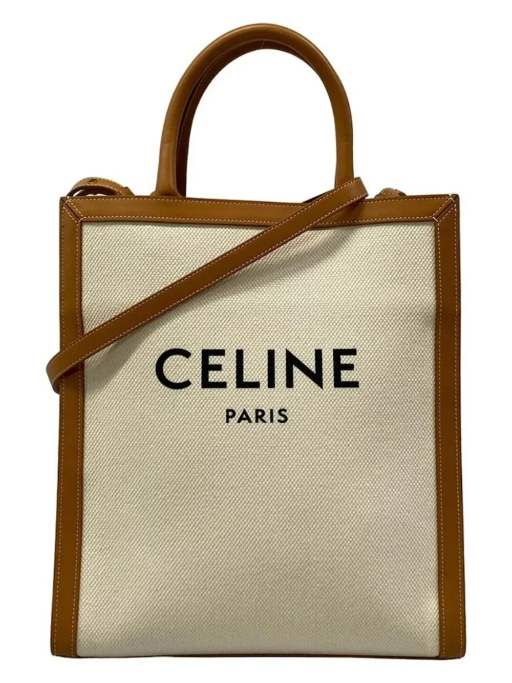 CELINE Small Vertical CELINE Cabas Cream Brown Canvas Leather Tote Bag